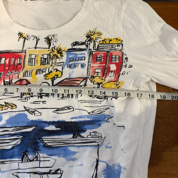 Weekends by Chico's size 2 Medium Beach Scene Graphic Print Quarter Sleeve Top - Picture 5 of 6